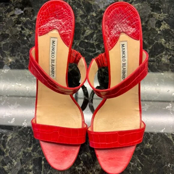 Manolo Blahnik Red Leather Croc Embossed Double Strap Sandals 40 8.5 9 Luxury - Picture 4 of 11